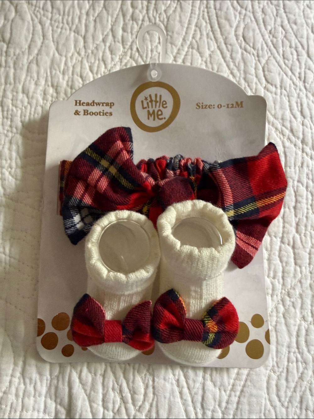 ✅Little Me Red Plaid Headwrap and Cream Booties with Plaid Bows